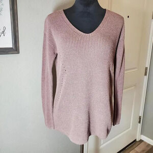ANA A New Approach Tinsel Sweater Women's Pullover V-Neck Long Sleeve Beige Sz S